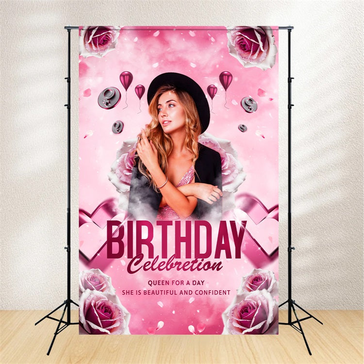 Custom Birthday Party Backdrop Pink Rose Balloons Celebration Backdrop UK BRP2-57