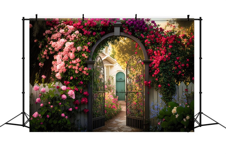 Floral Backdrop For Photography Garden Gate Blooming Rose Backdrop UK BRP2-87