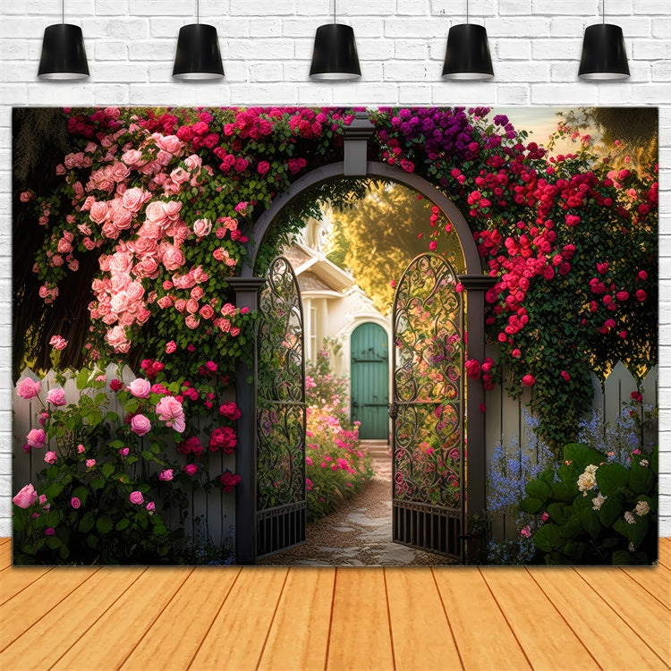 Floral Backdrop For Photography Garden Gate Blooming Rose Backdrop UK BRP2-87