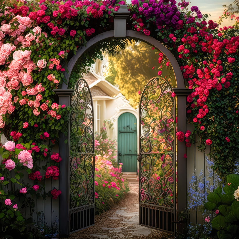 Floral Backdrop For Photography Garden Gate Blooming Rose Backdrop UK BRP2-87