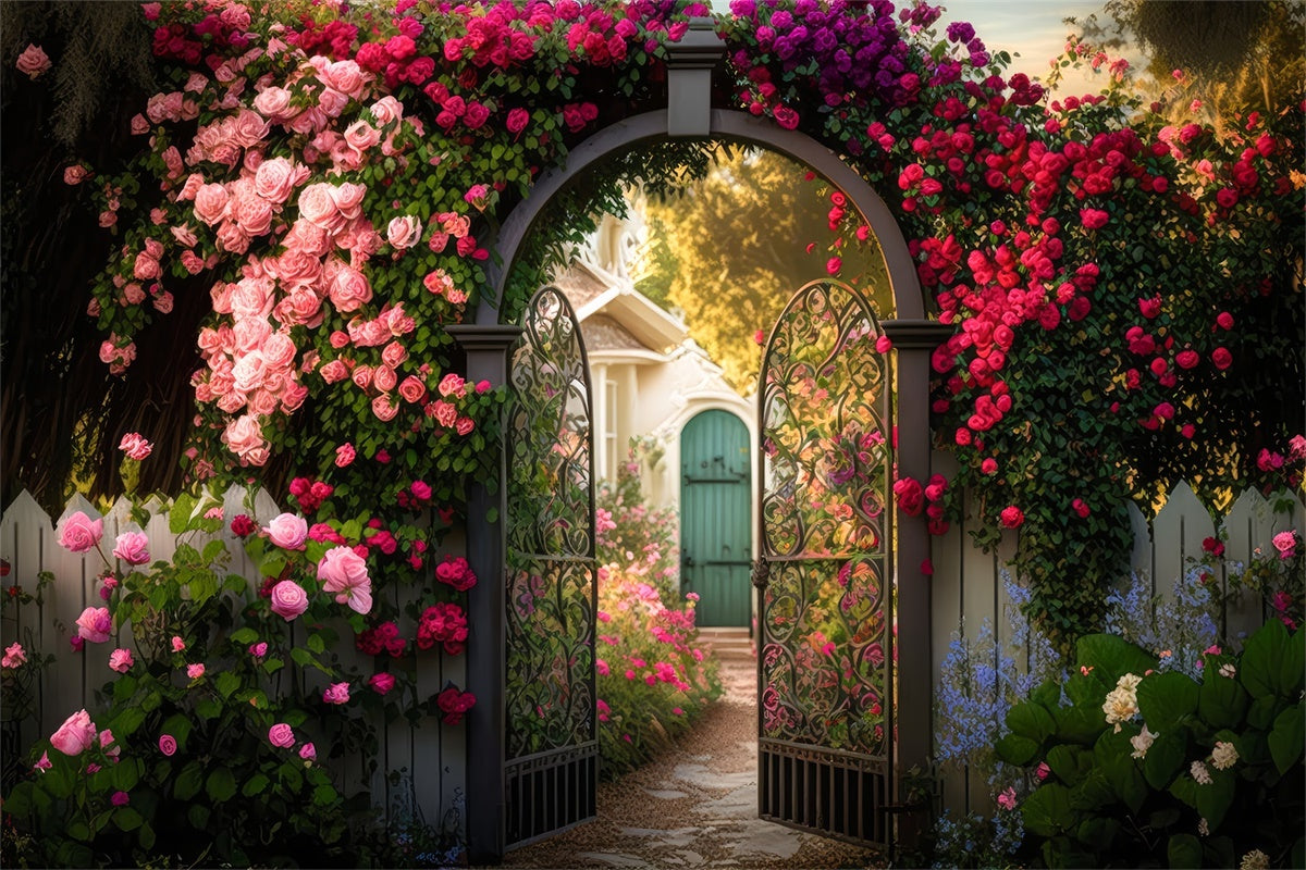 Floral Backdrop For Photography Garden Gate Blooming Rose Backdrop UK BRP2-87