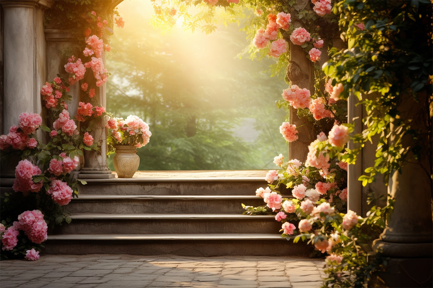 Floral Backdrop Photography Romantic Rose Garden Steps Backdrop UK BRP2-91