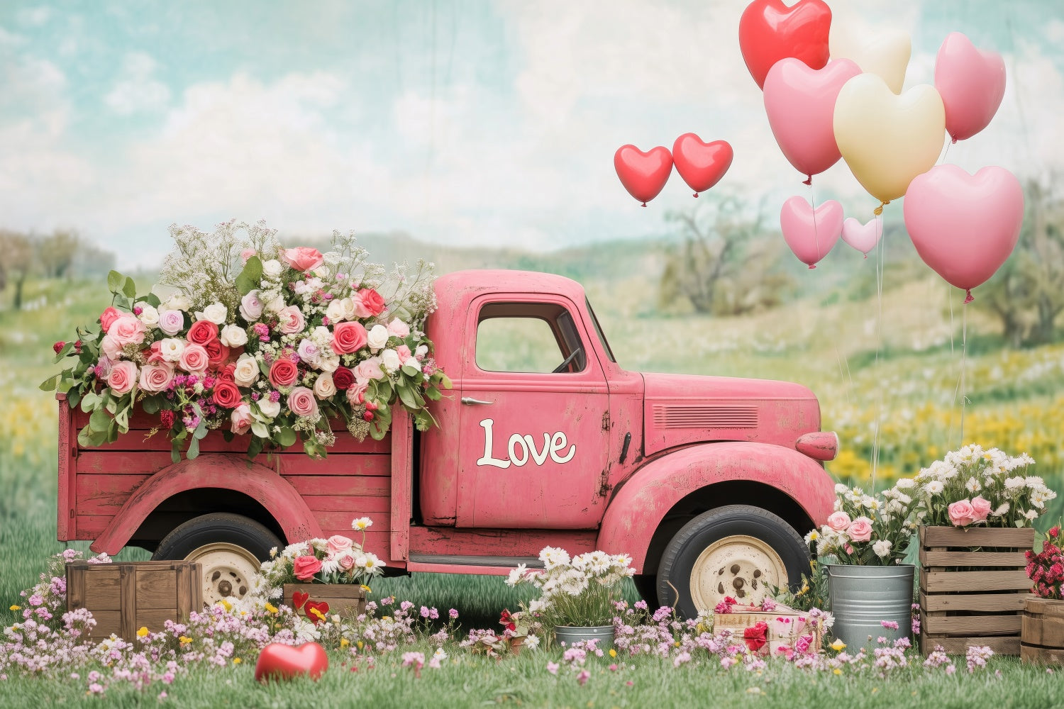 Flower Photography Backdrop Vintage Truck Rose Balloon Backdrop UK BRP2-96