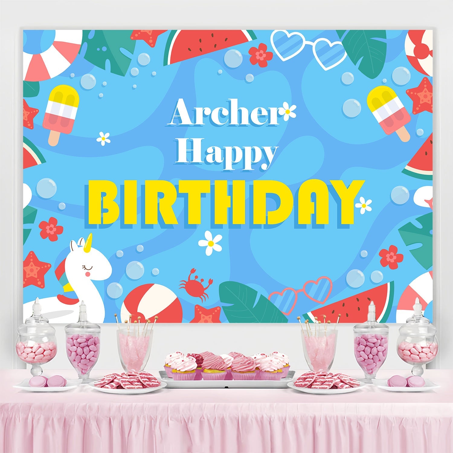 Personalized Backdrop For Birthday Tropical Pool Party Backdrop UK BRP3-95