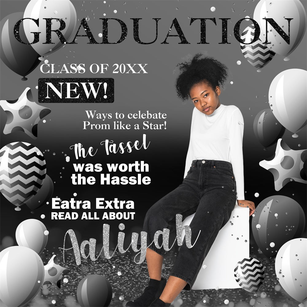 Graduation Backdrop Black White Balloon Personalised Party Graduation Backdrop UK BRP5-206