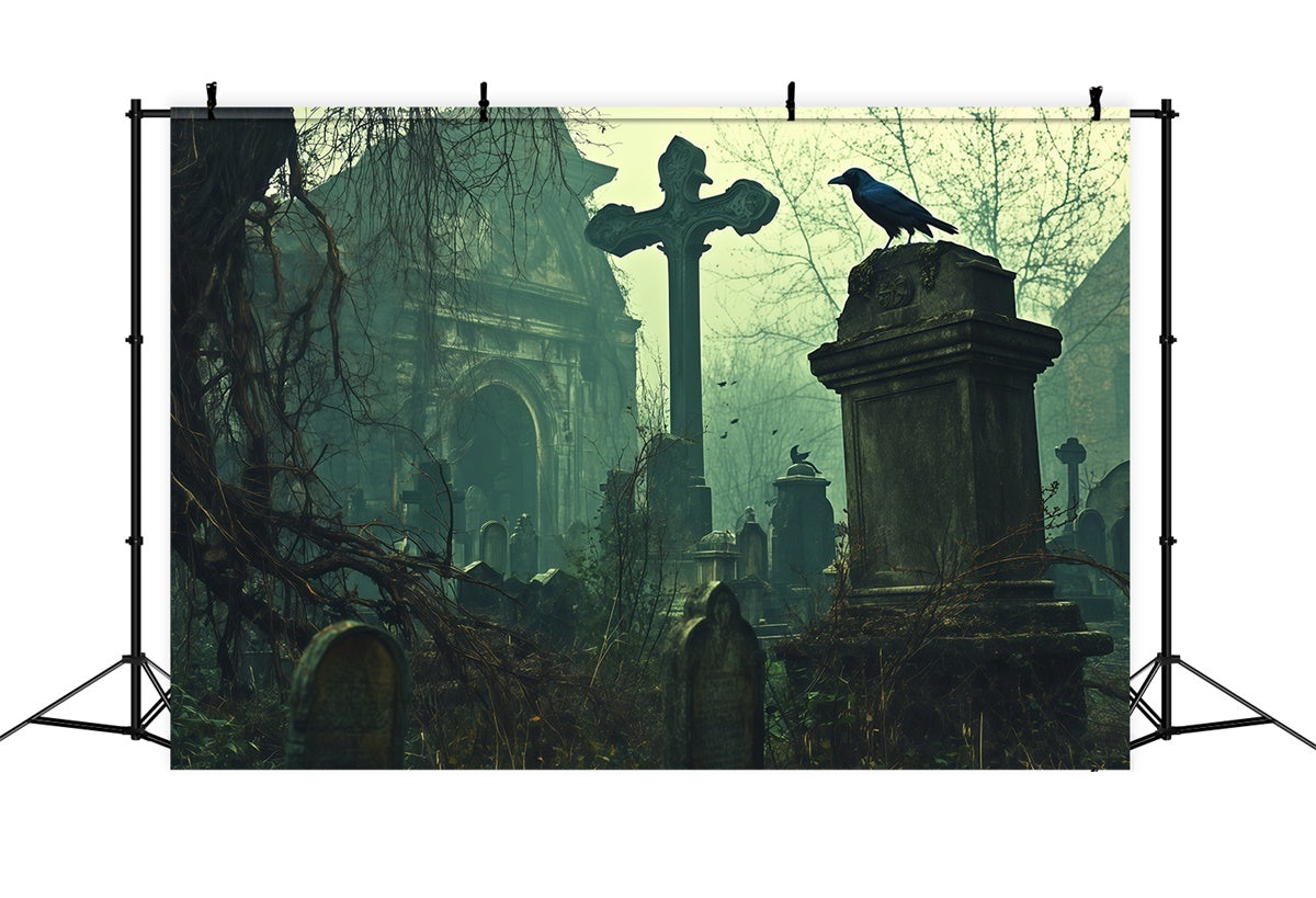 Halloween Graveyard Backdrop Abandoned Graves Church Backdrop UK BRP57-103