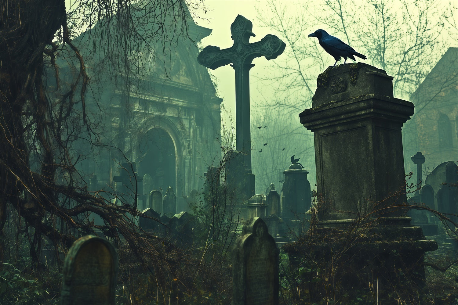 Halloween Graveyard Backdrop Abandoned Graves Church Backdrop UK BRP57-103