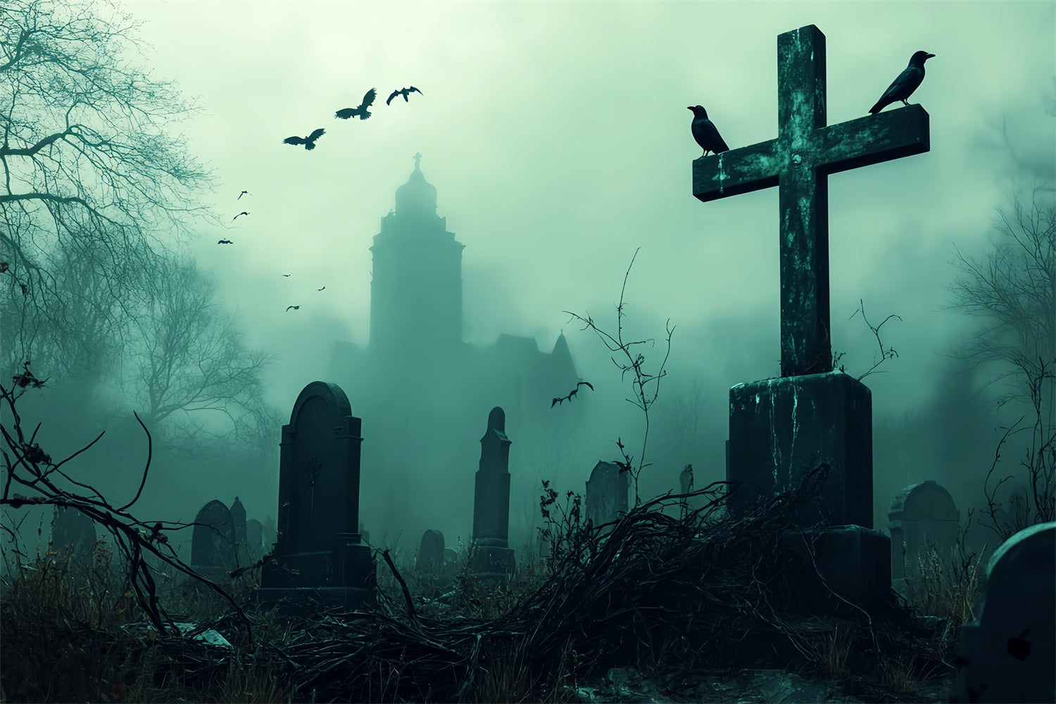 Scary Halloween Backdrops Mourning Mist Graveyard Backdrop UK BRP57-104