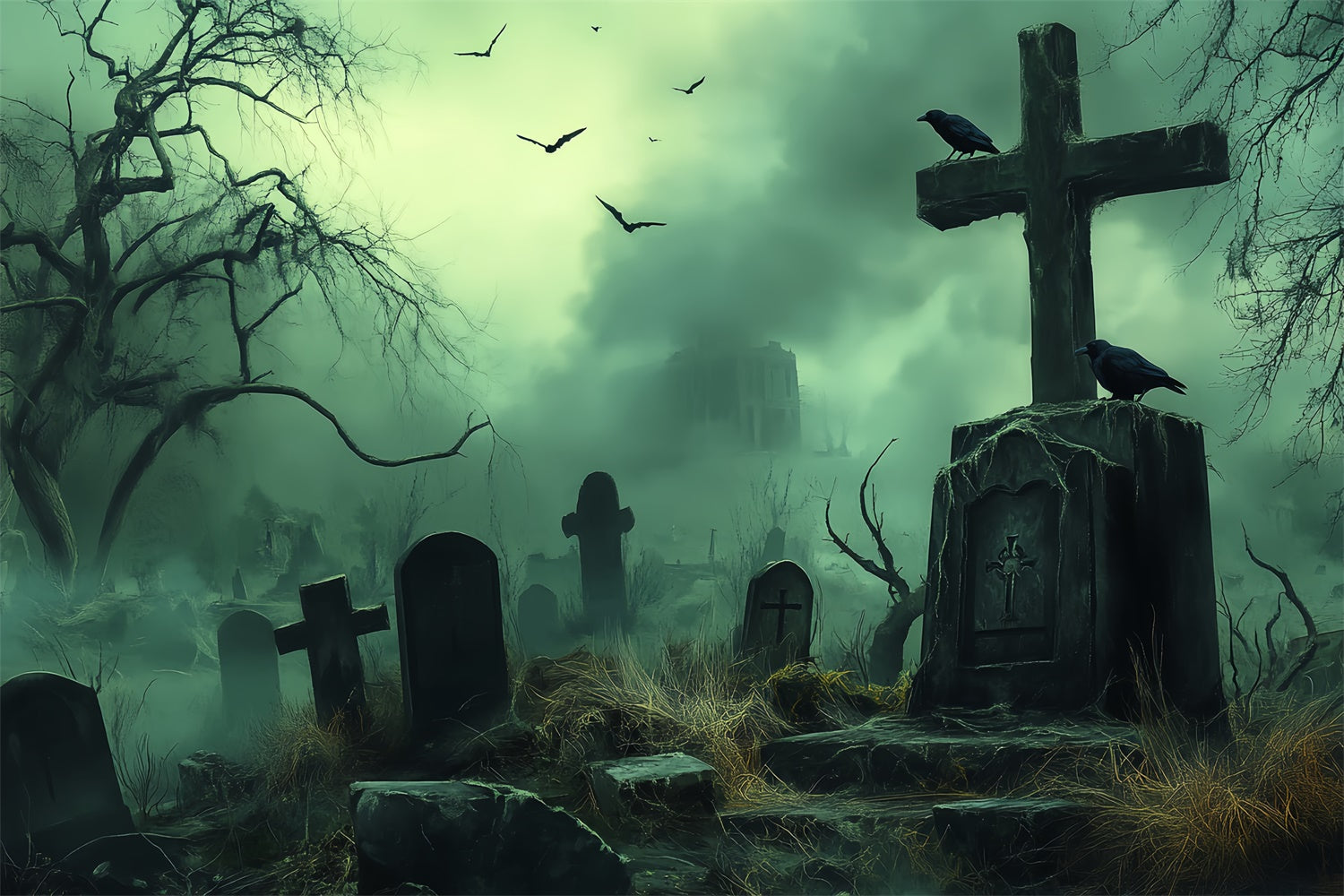 Halloween Graveyard Backdrop Wasteland Tomb Fog Backdrop UK BRP57-105