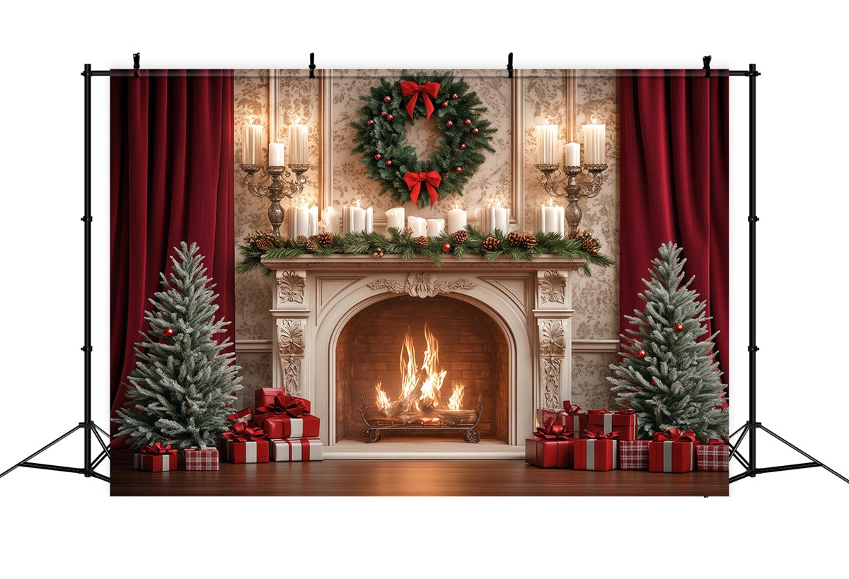 Christmas Fireplace Backdrop Pine Candle Celebration Backdrop UK BRP57-129