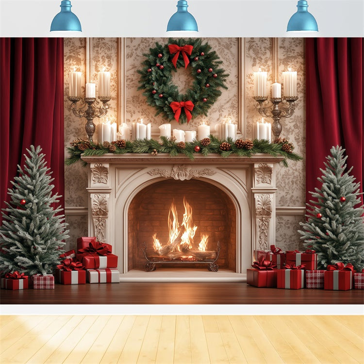 Christmas Fireplace Backdrop Pine Candle Celebration Backdrop UK BRP57-129