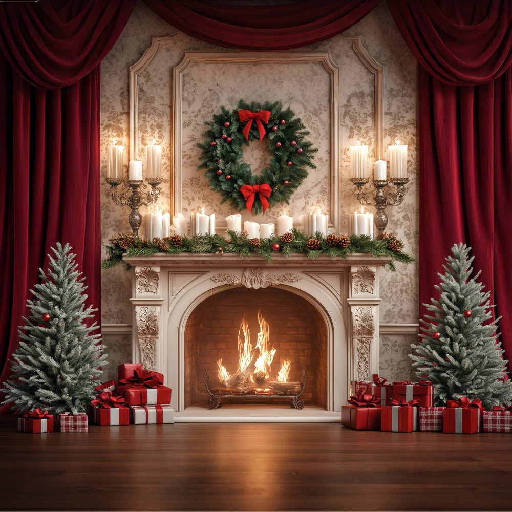 Christmas Fireplace Backdrop Pine Candle Celebration Backdrop UK BRP57-129