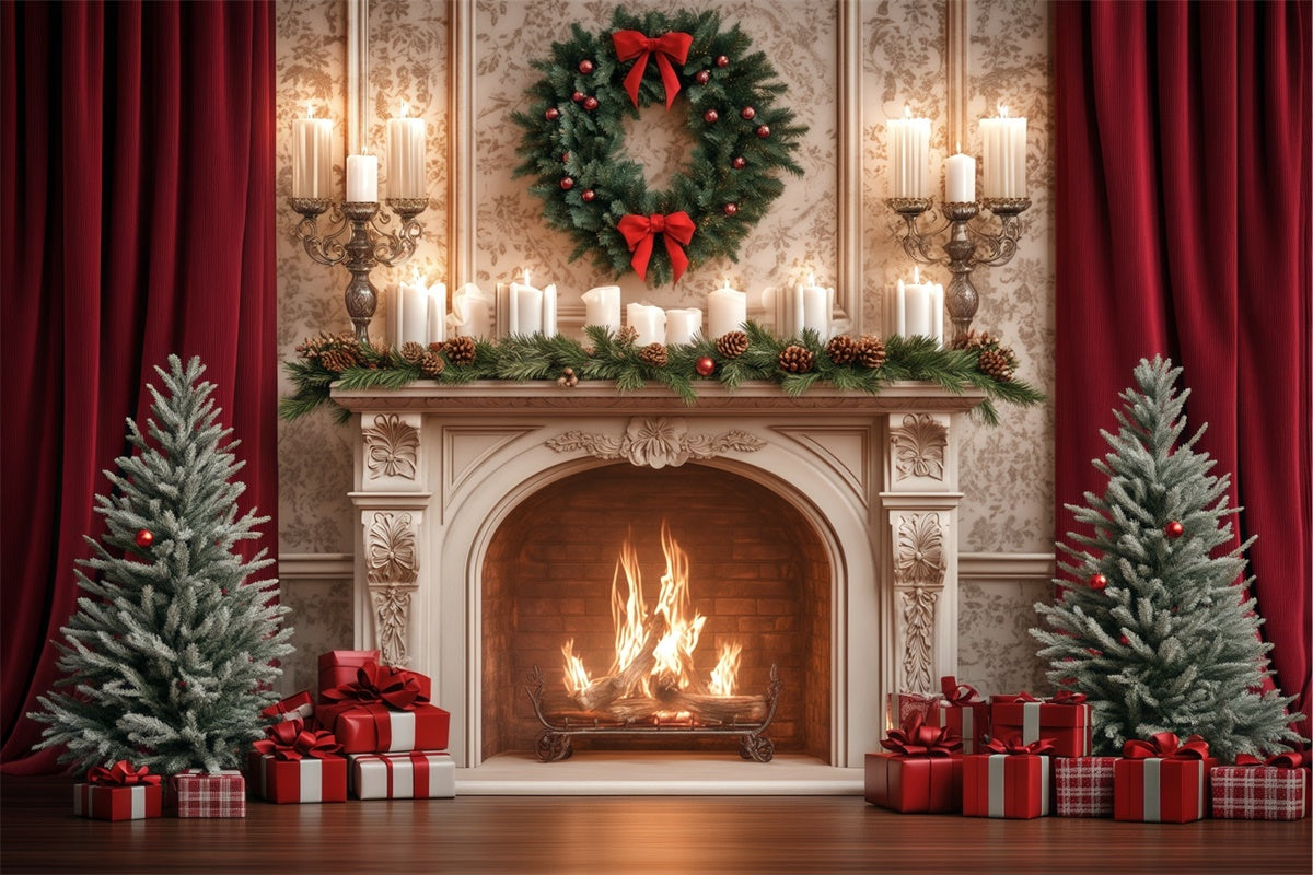 Christmas Fireplace Backdrop Pine Candle Celebration Backdrop UK BRP57-129