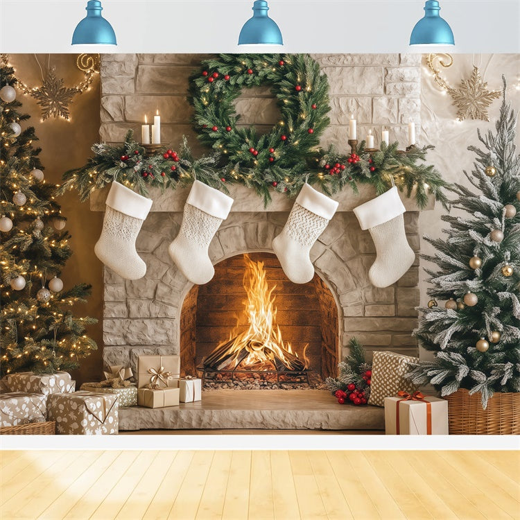 Professional Christmas Backdrops Cozy Hearth Stockings Backdrop UK BRP57-133