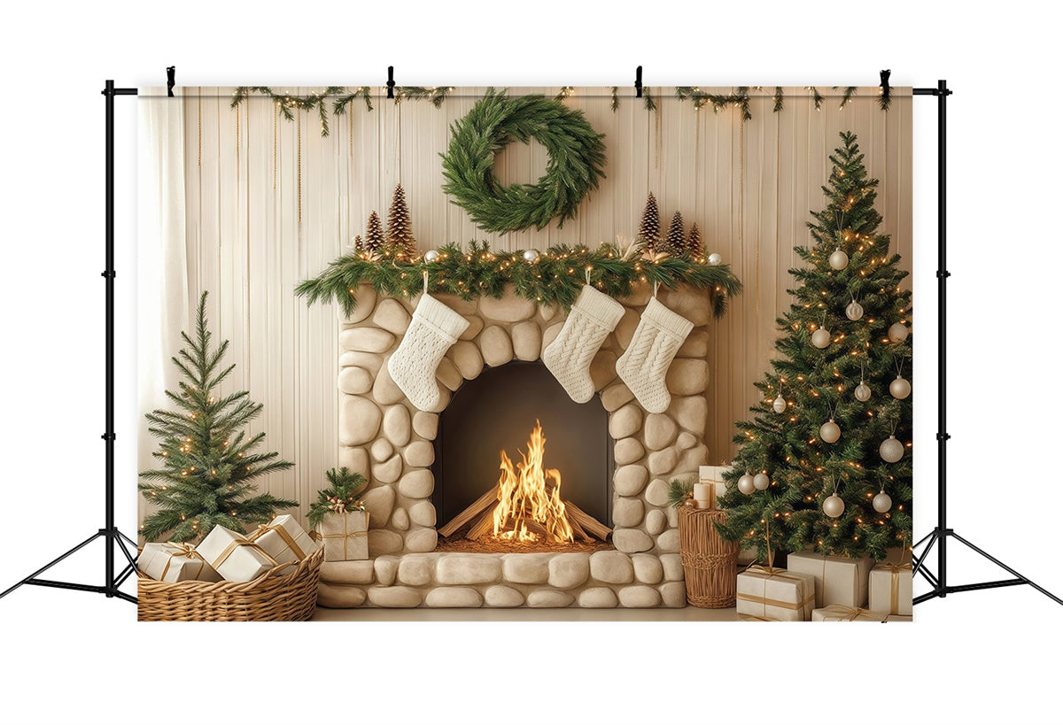 Christmas Fireplace Backdrop Pebble Hearth Pines Backdrop UK BRP57-134
