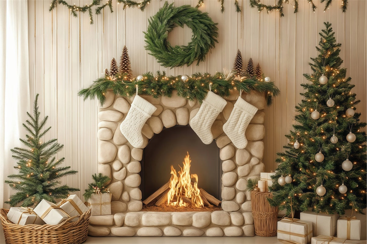 Christmas Fireplace Backdrop Pebble Hearth Pines Backdrop UK BRP57-134