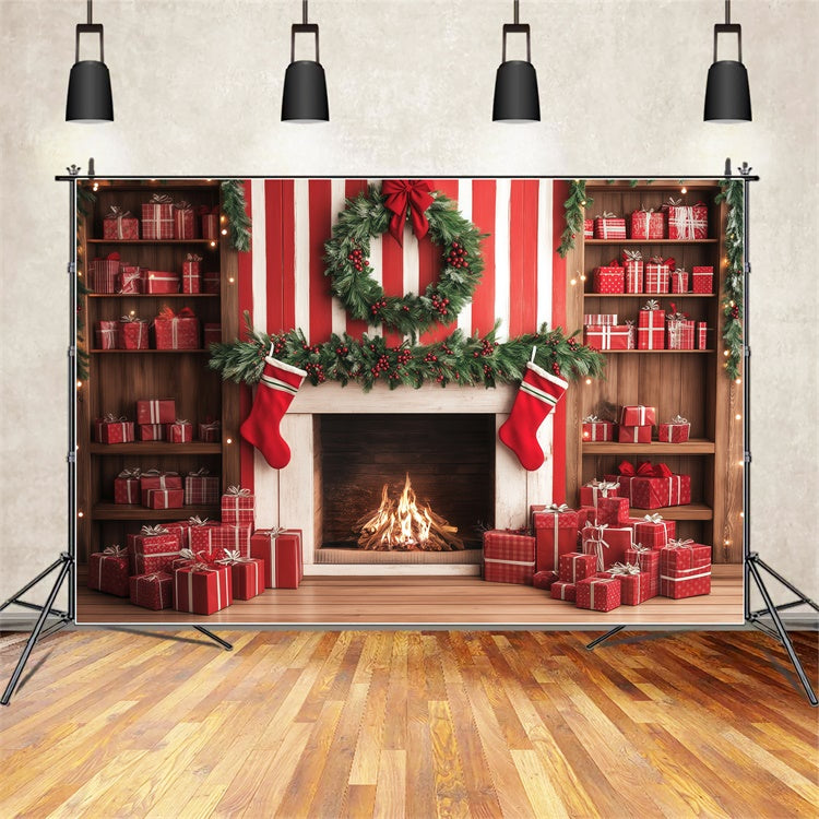 Christmas Fireplace Backdrop Candy Cane Gift Wall Backdrop UK BRP57-136