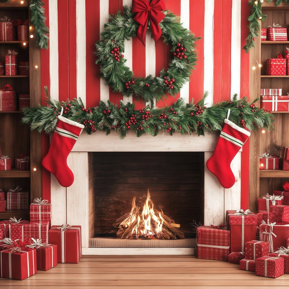 Christmas Fireplace Backdrop Candy Cane Gift Wall Backdrop UK BRP57-136