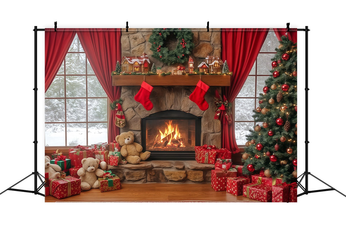 Christmas Fireplace Backdrop Fireside Teddy Dreams Backdrop UK BRP57-138