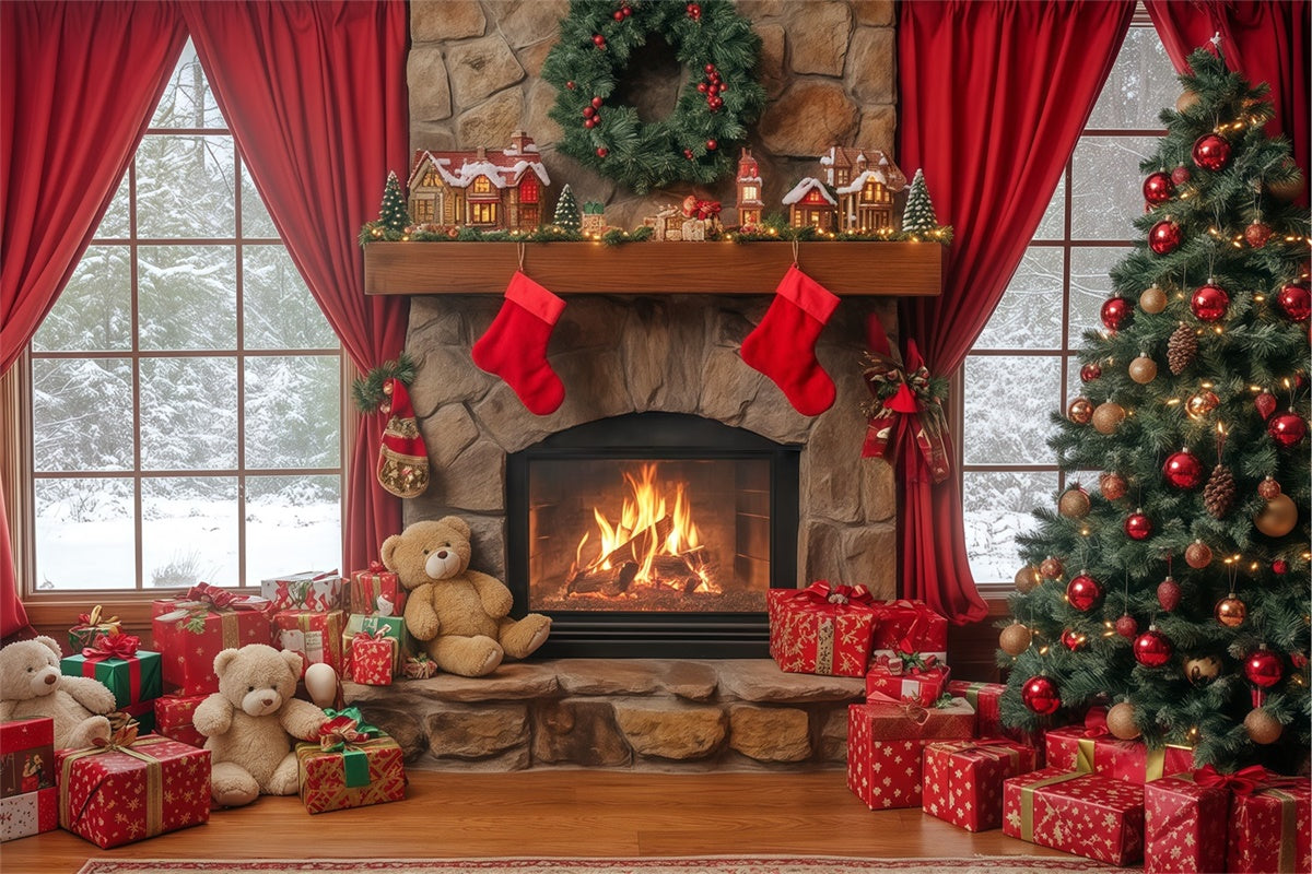 Christmas Fireplace Backdrop Fireside Teddy Dreams Backdrop UK BRP57-138