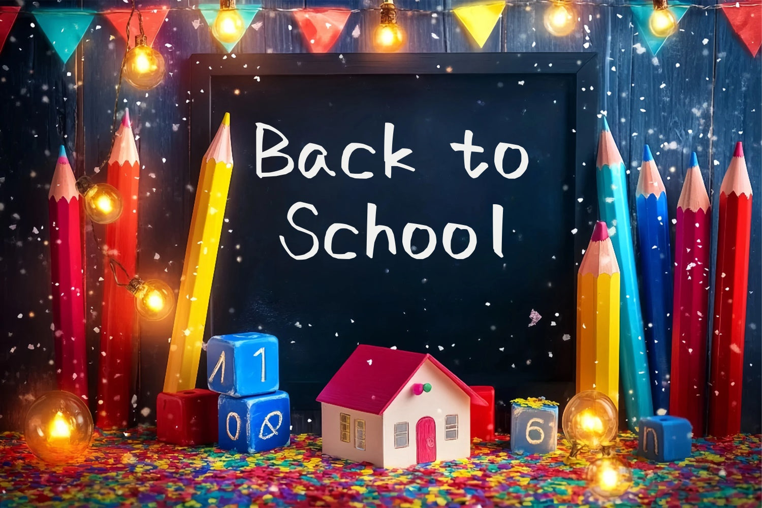 Back To School Backdrop Confetti Crayons Lights Backdrop UK BRP57-16