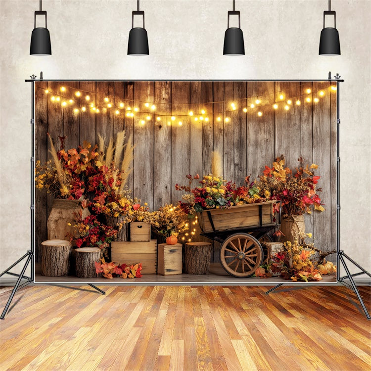 Fall Photo Backdrop String Lights Wooden Wall Backdrop UK BRP57-198