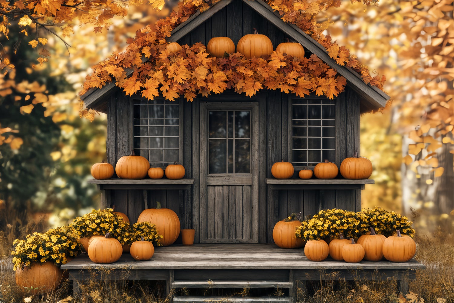 Photography Thanksgiving Backdrop Pumpkin Porch Cabin Backdrop UK BRP57-330