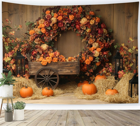 Thanksgiving Photo Backdrop Pumpkin Hay Wreath Backdrop UK BRP57-342