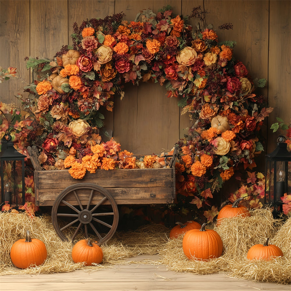Thanksgiving Photo Backdrop Pumpkin Hay Wreath Backdrop UK BRP57-342