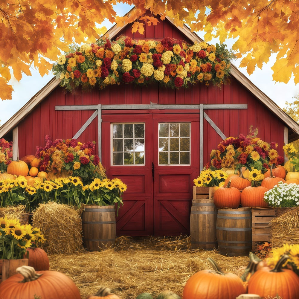 Backdrop For Thanksgiving Floral Harvest Red Barn Backdrop UK BRP57-349
