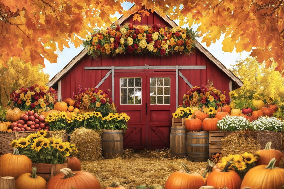 Backdrop For Thanksgiving Floral Harvest Red Barn Backdrop UK BRP57-349