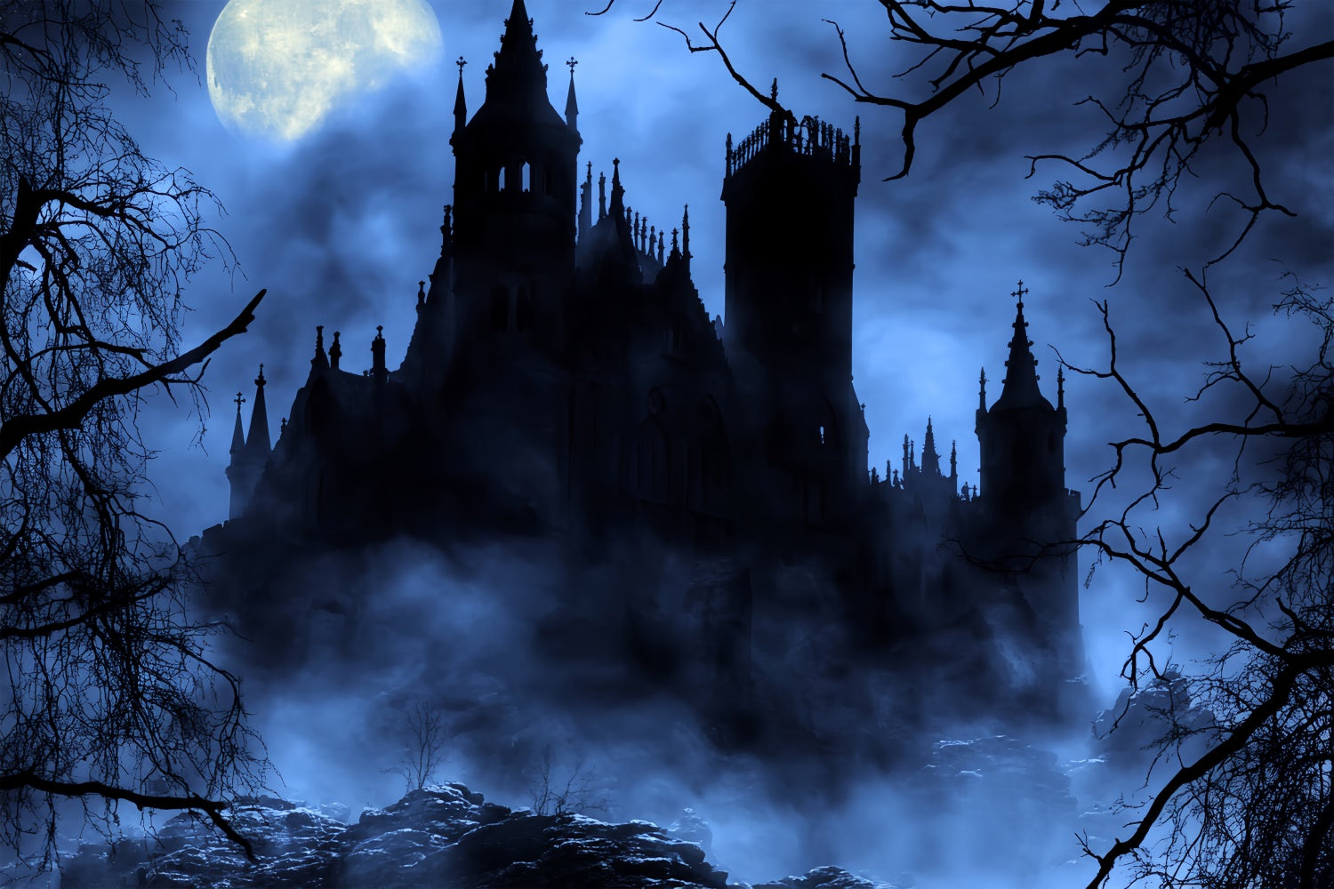 Scary Halloween Backdrops Misty Midnight Castle Backdrop UK BRP57-61