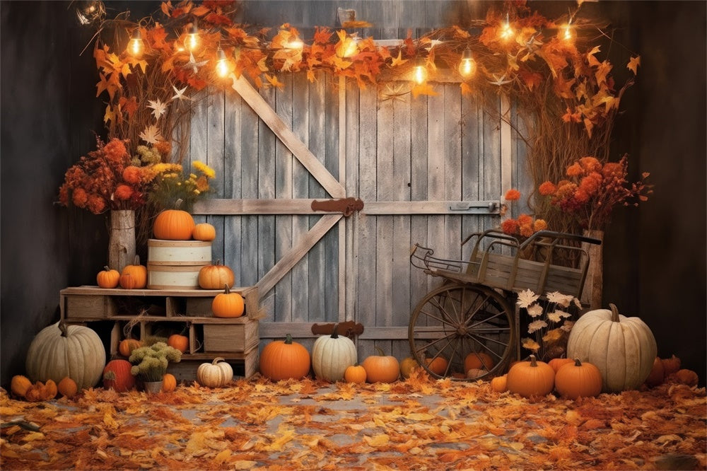 Autumn Wood Barn Door Pumpkins Backdrop UK BRP7-116