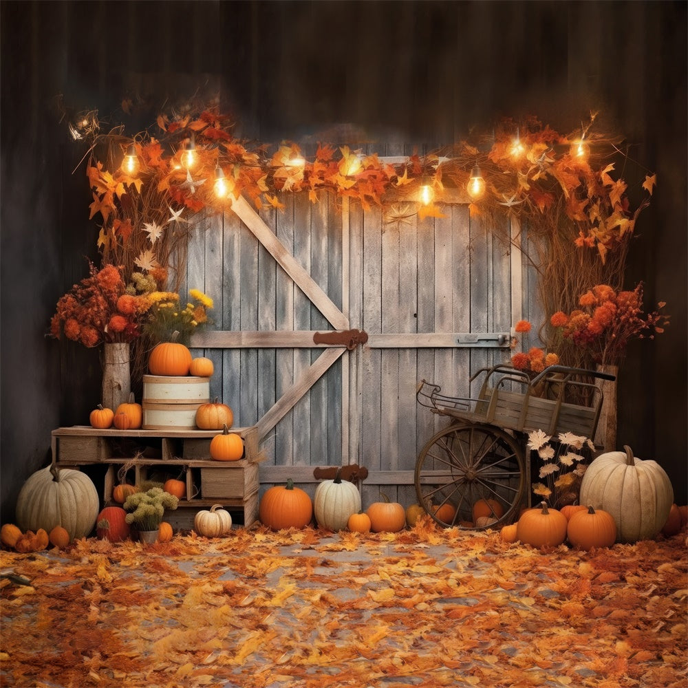 Autumn Wood Barn Door Pumpkins Backdrop UK BRP7-116