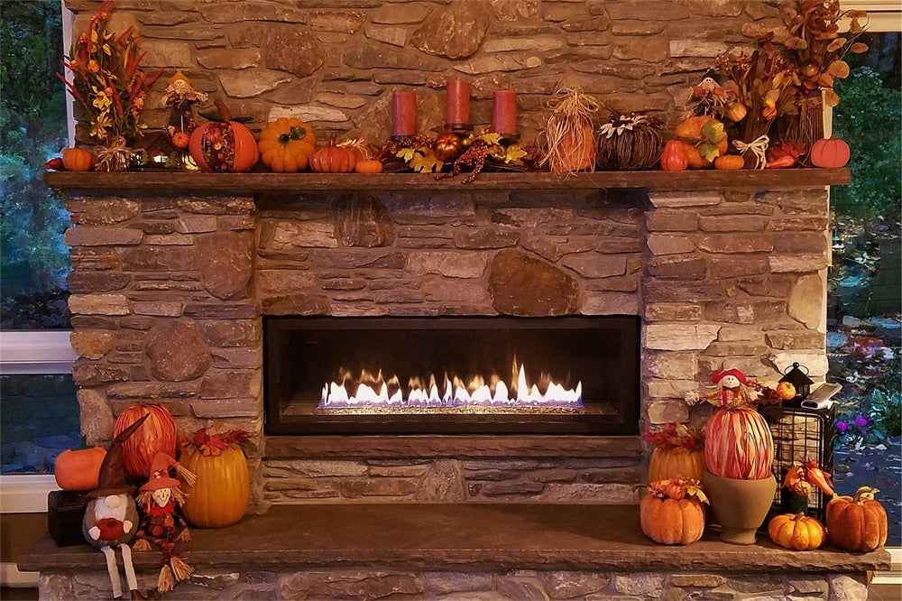 Autumn Pumpkins Fireplace Photography Backdrop UK BRP7-119