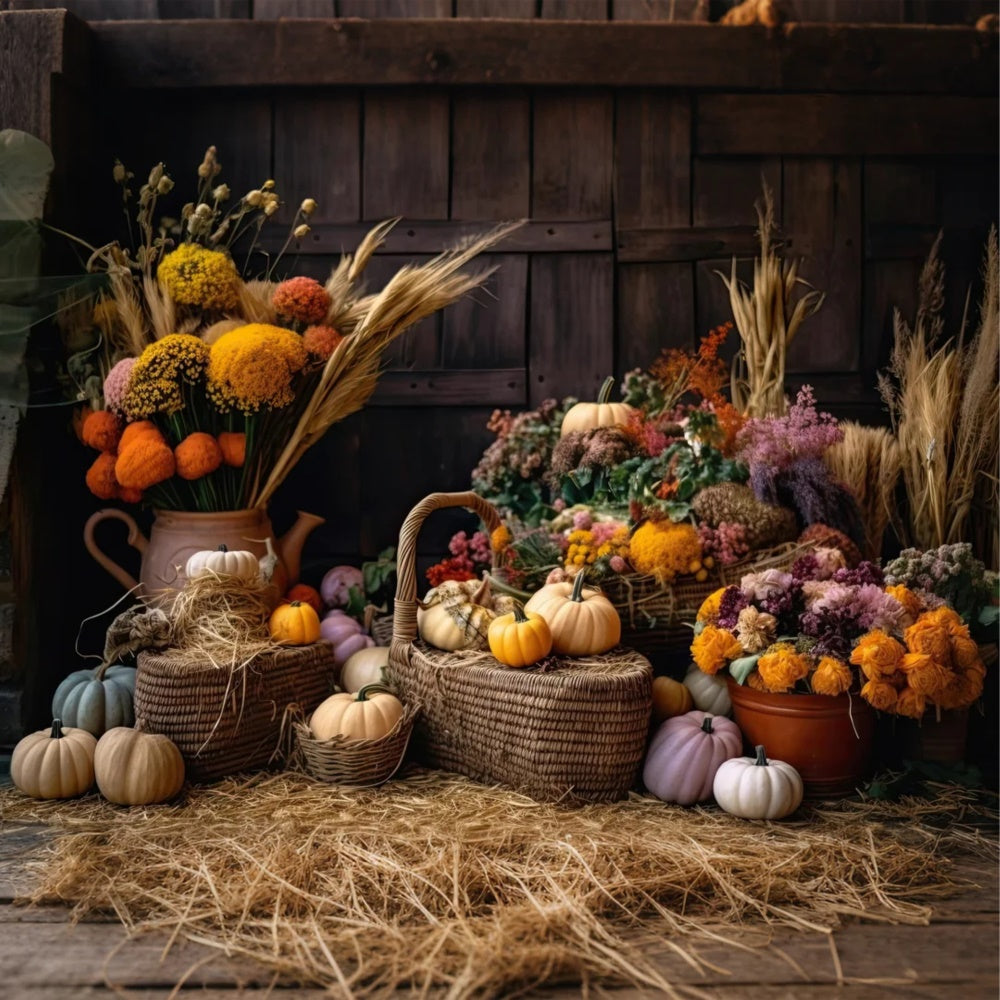 Autumn Pumpkin Reed Flowers Photography Backdrop UK BRP7-126