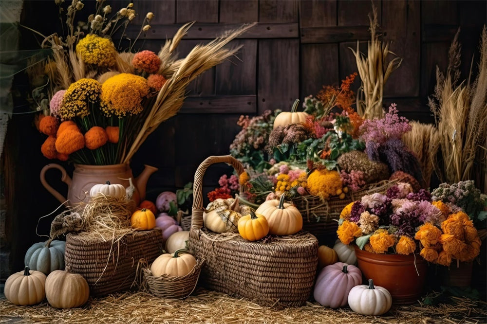 Autumn Pumpkin Reed Flowers Photography Backdrop UK BRP7-126