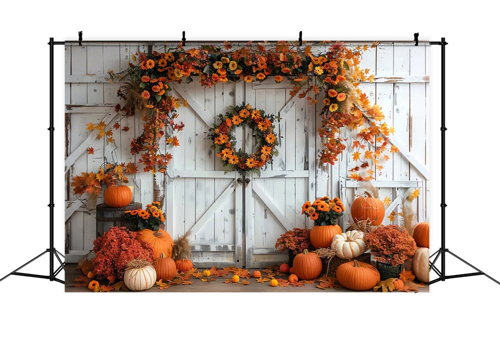 Autumn Pumpkin Maple Leaf White Wall Backdrop UK BRP7-129