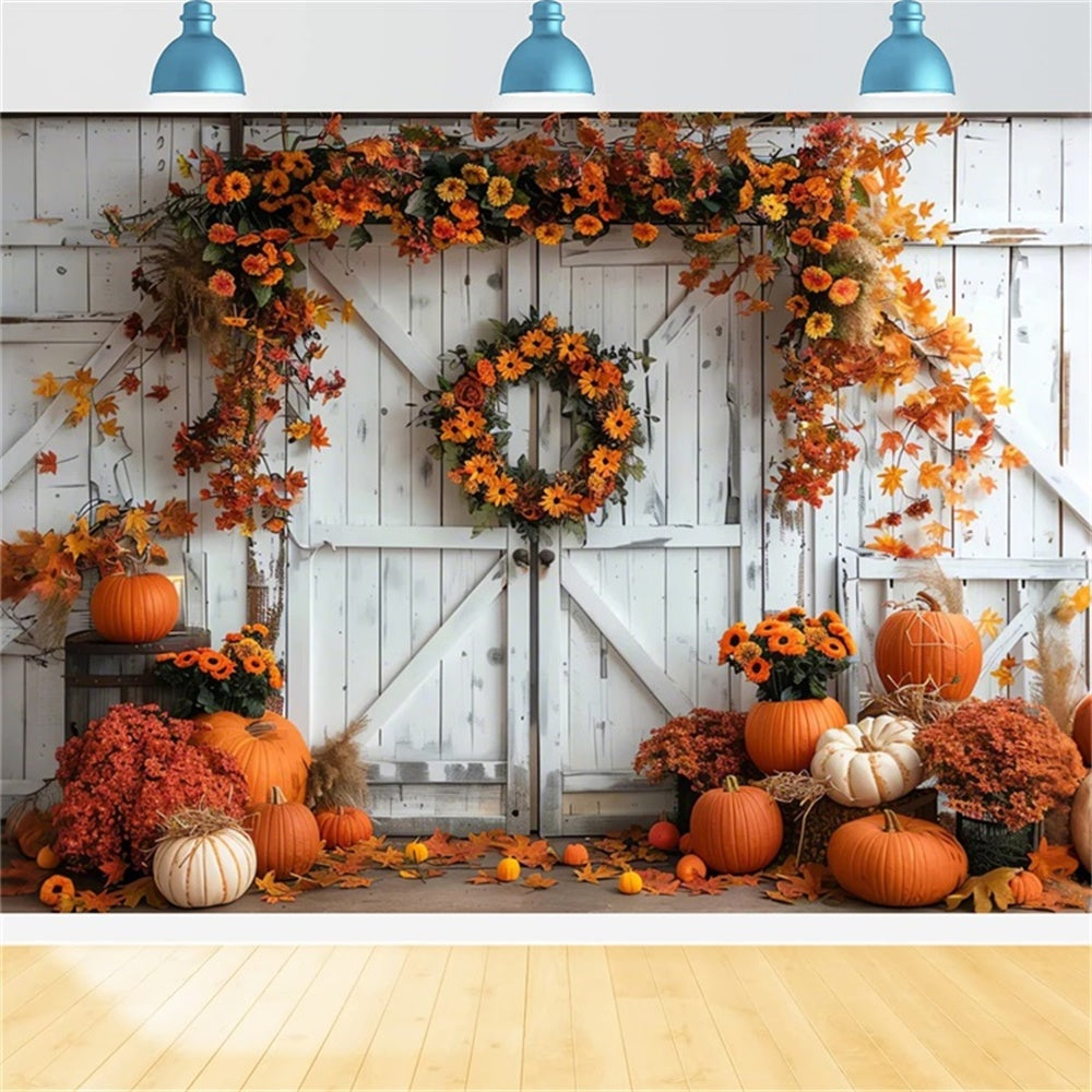 Autumn Pumpkin Maple Leaf White Wall Backdrop UK BRP7-129