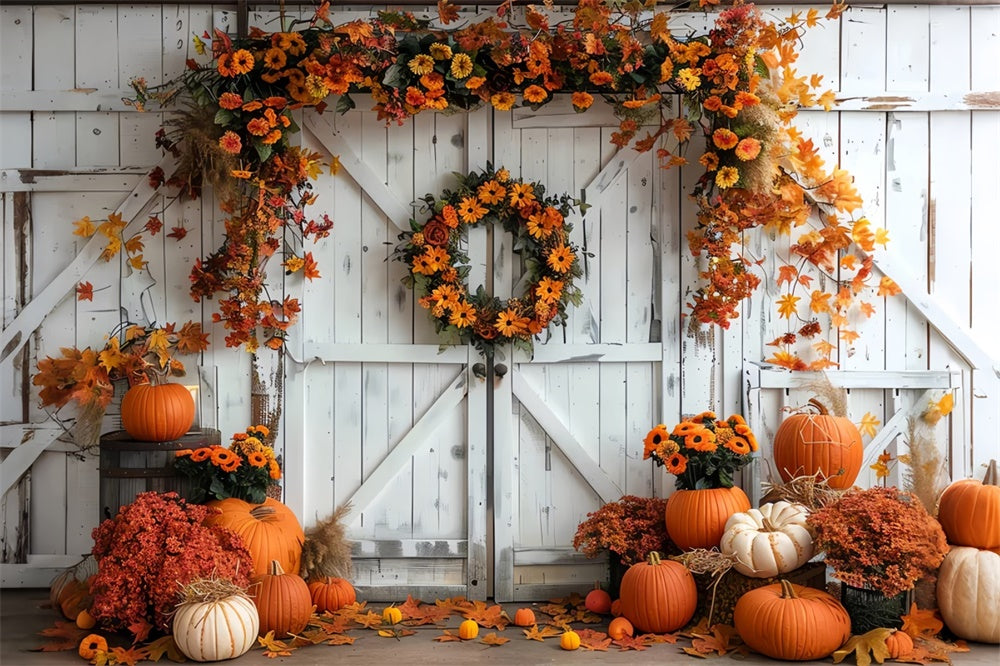 Autumn Pumpkin Maple Leaf White Wall Backdrop UK BRP7-129