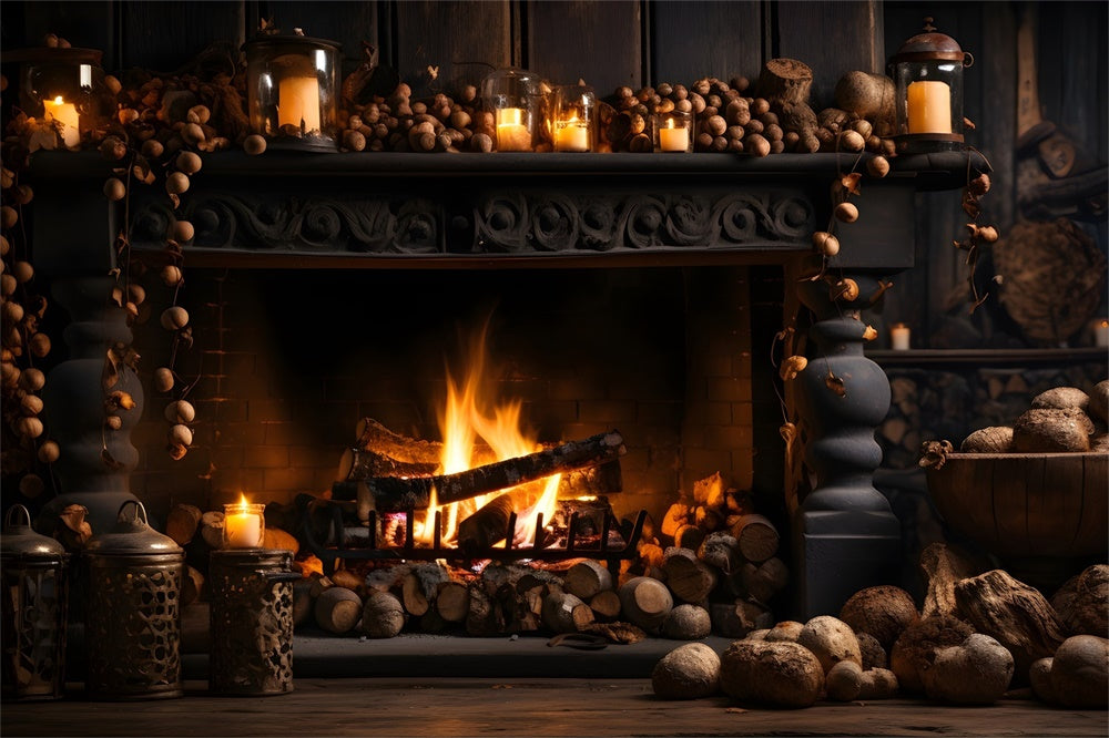 Autumn Black Fireplace and Firewood Backdrop UK BRP7-131