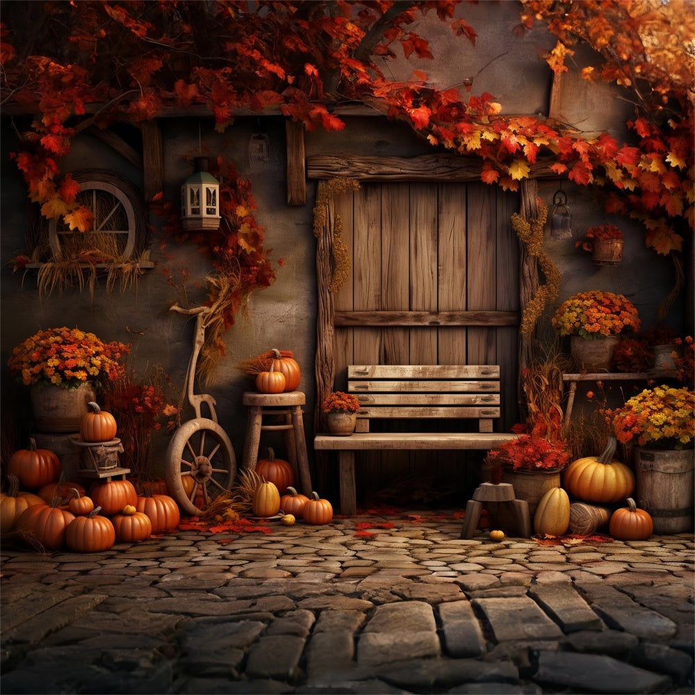 Autumn Maple Leaf Pumpkin Wood Door Backdrop UK BRP7-132