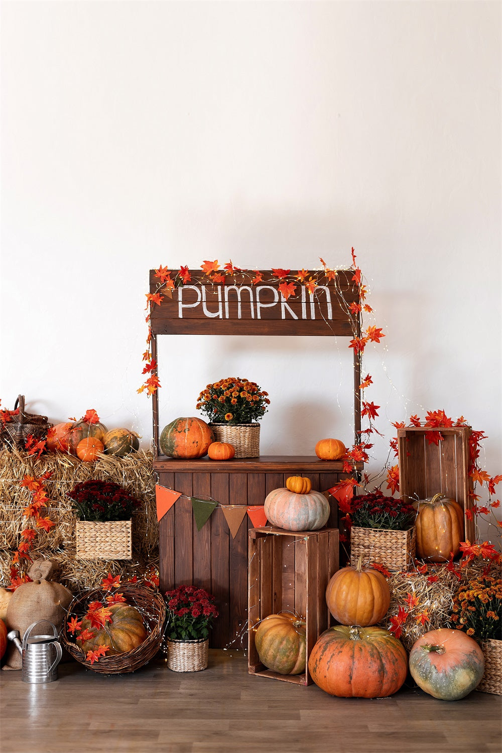 Autumn Pumpkin Stand Maple Leaves Backdrop UK BRP7-133