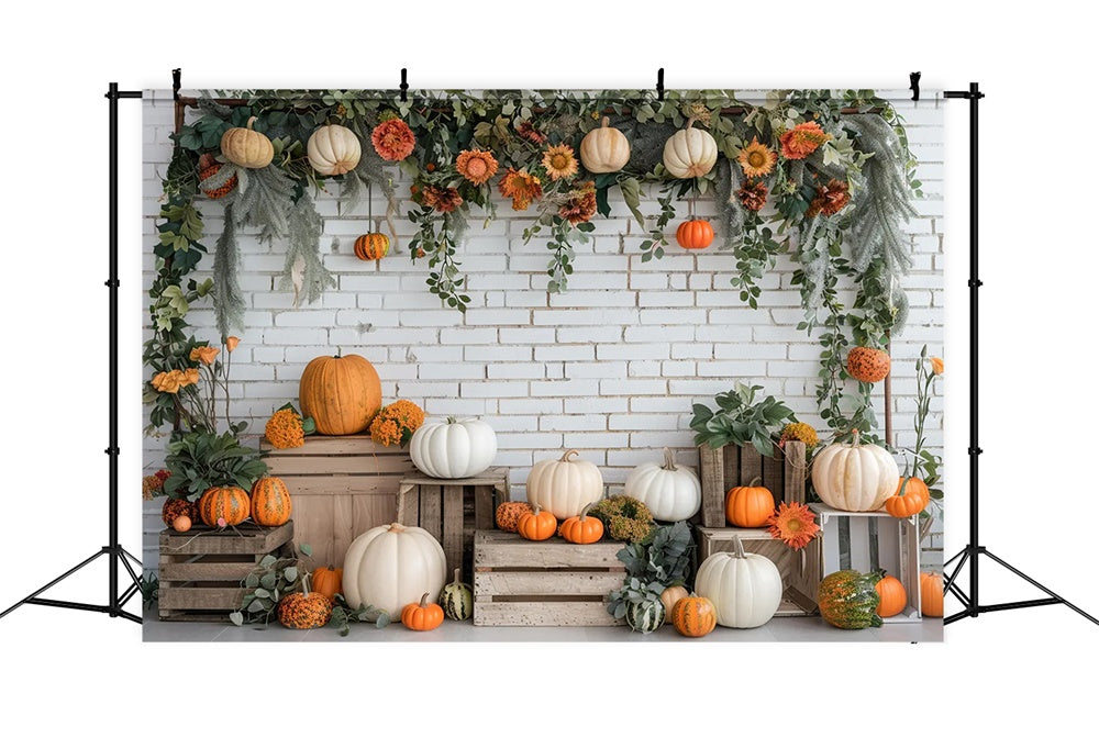 Autumn White Brick Pumpkin Stand Backdrop UK BRP7-140