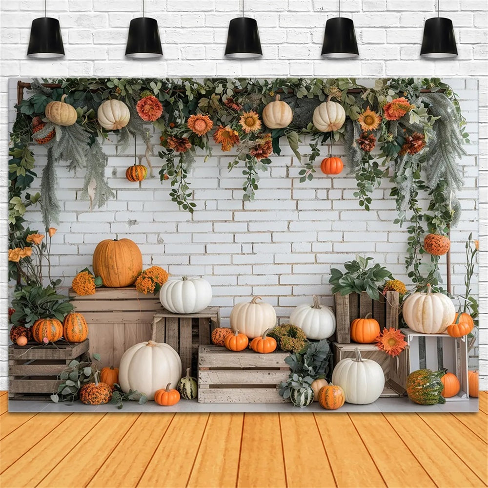 Autumn White Brick Pumpkin Stand Backdrop UK BRP7-140