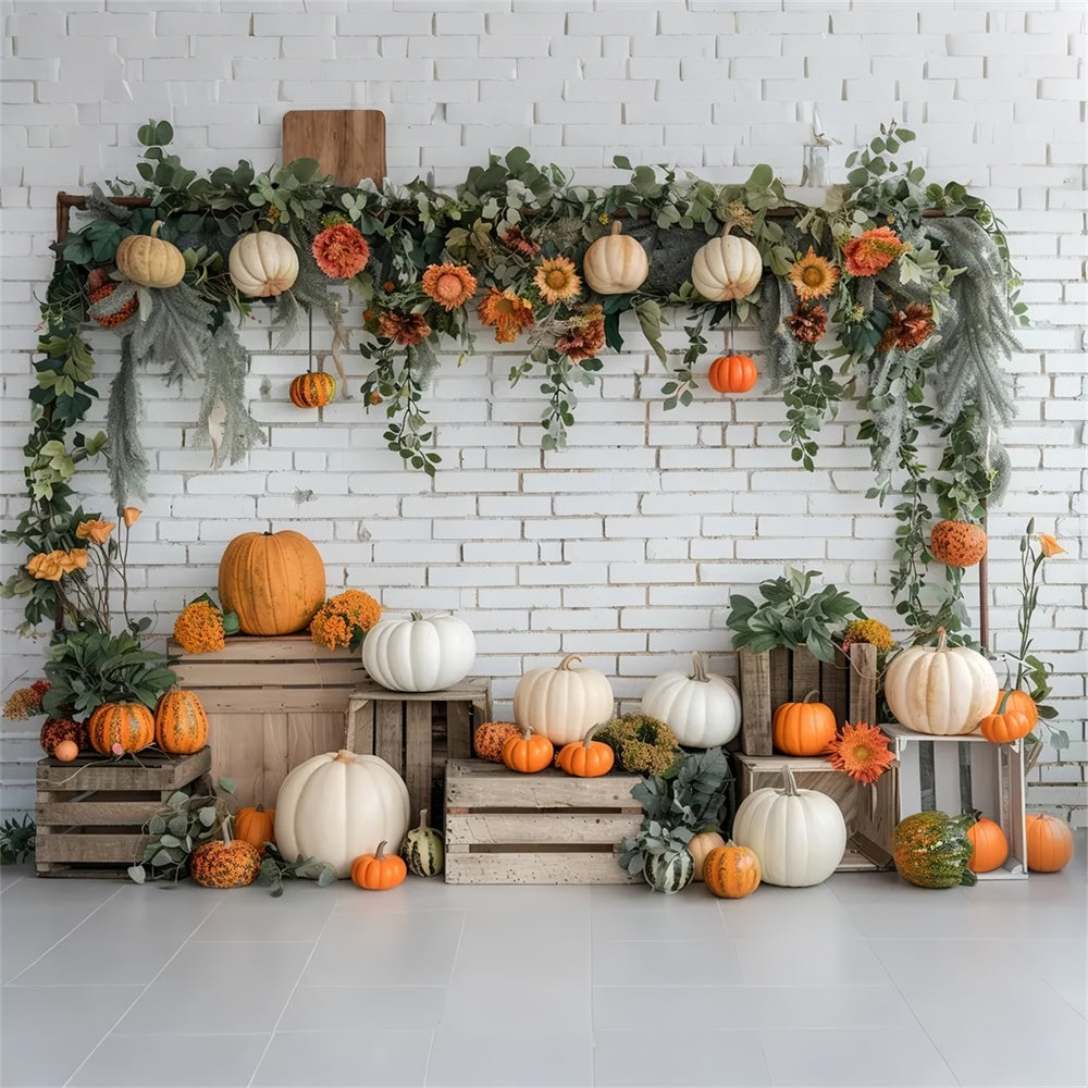 Autumn White Brick Pumpkin Stand Backdrop UK BRP7-140