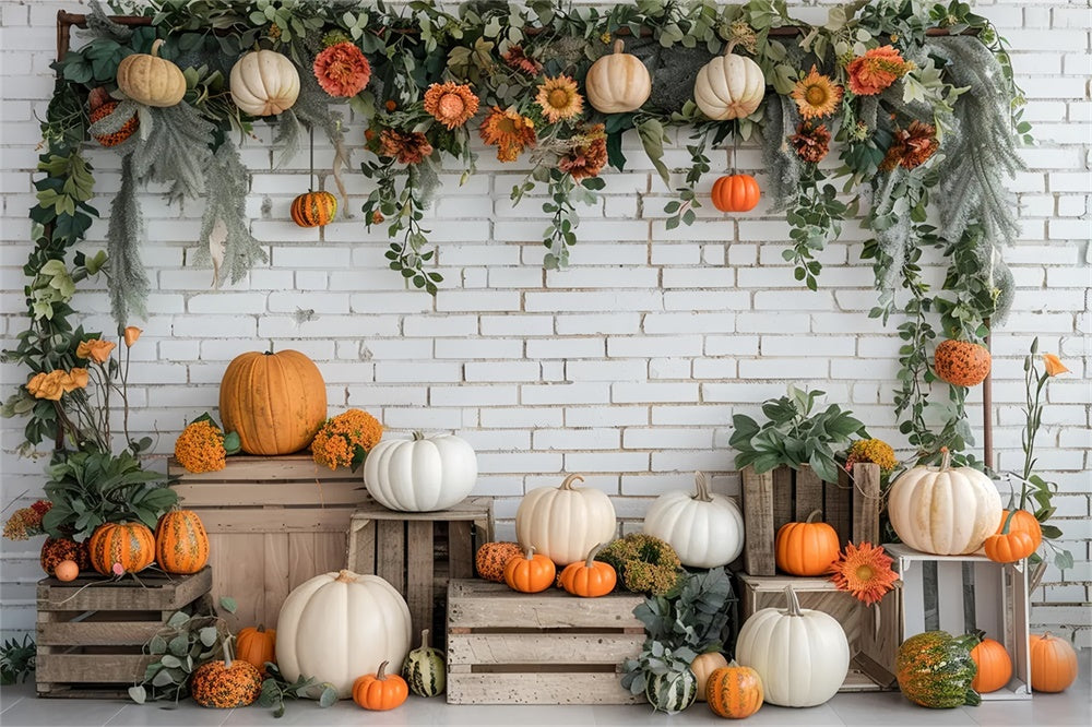 Autumn White Brick Pumpkin Stand Backdrop UK BRP7-140