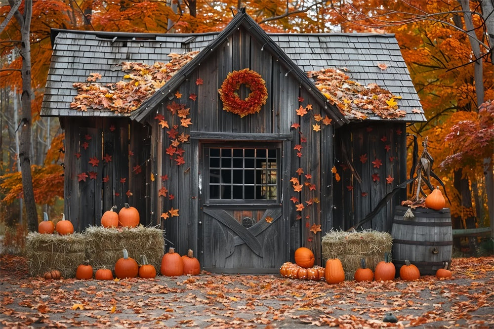 Autumn Wood Pumpkin House Leaves Backdrop UK BRP7-144