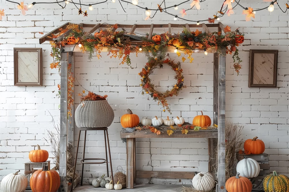 Autumn White Brick Lamp Pumpkin Backdrop UK BRP7-145