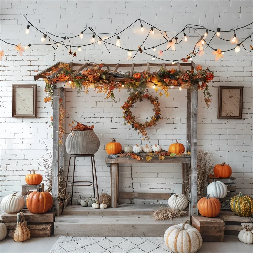 Autumn White Brick Lamp Pumpkin Backdrop UK BRP7-145